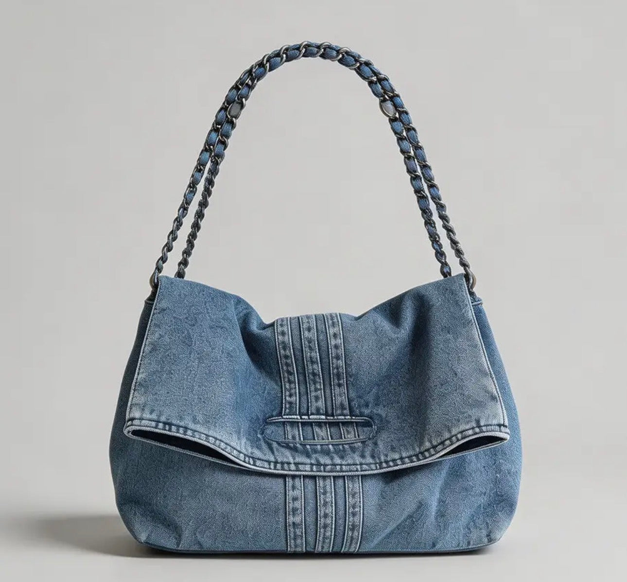 Washed Denim Chain Strap Shoulder Bag