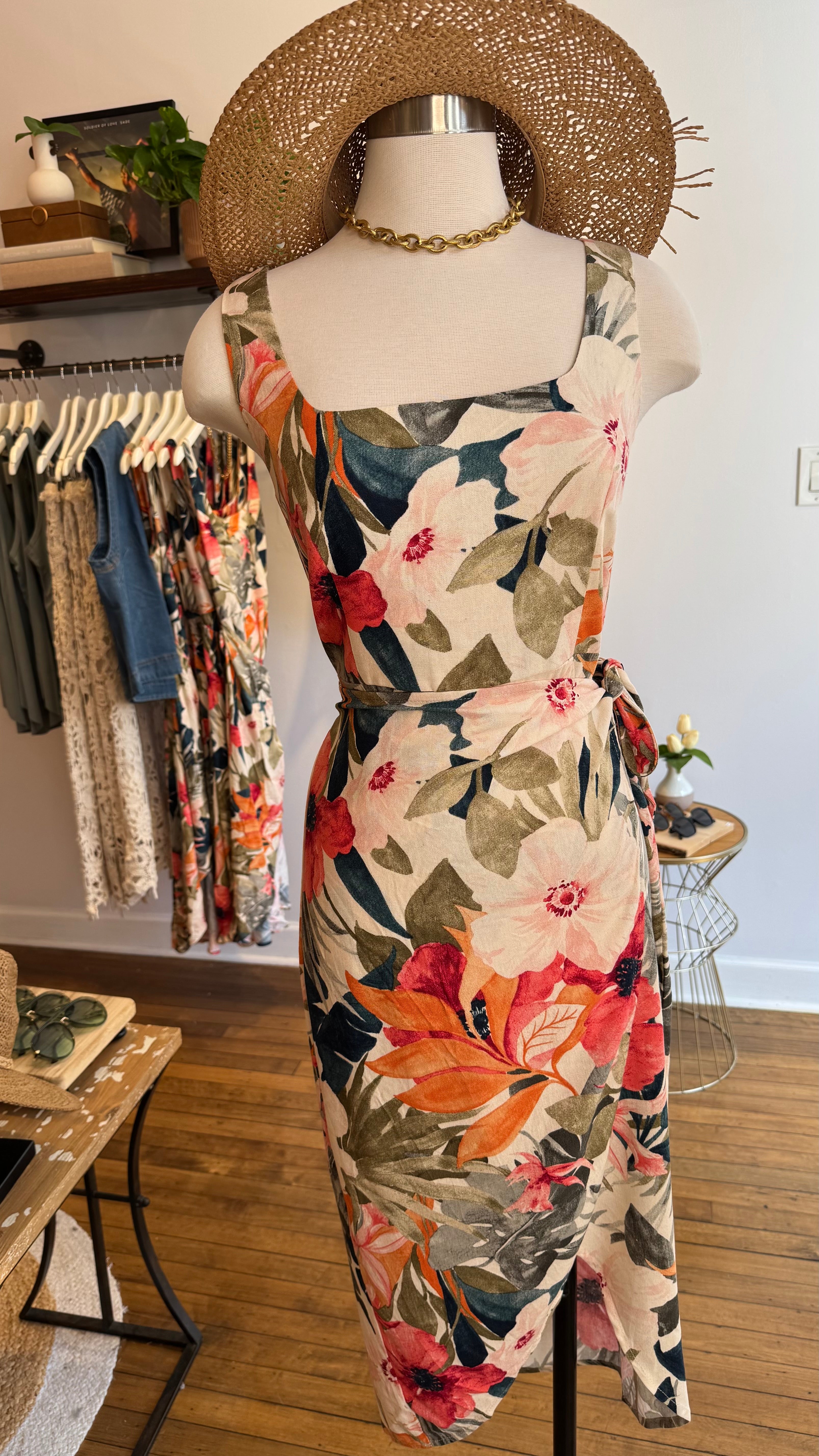 Tropical Bloom Wrap Midi Dress