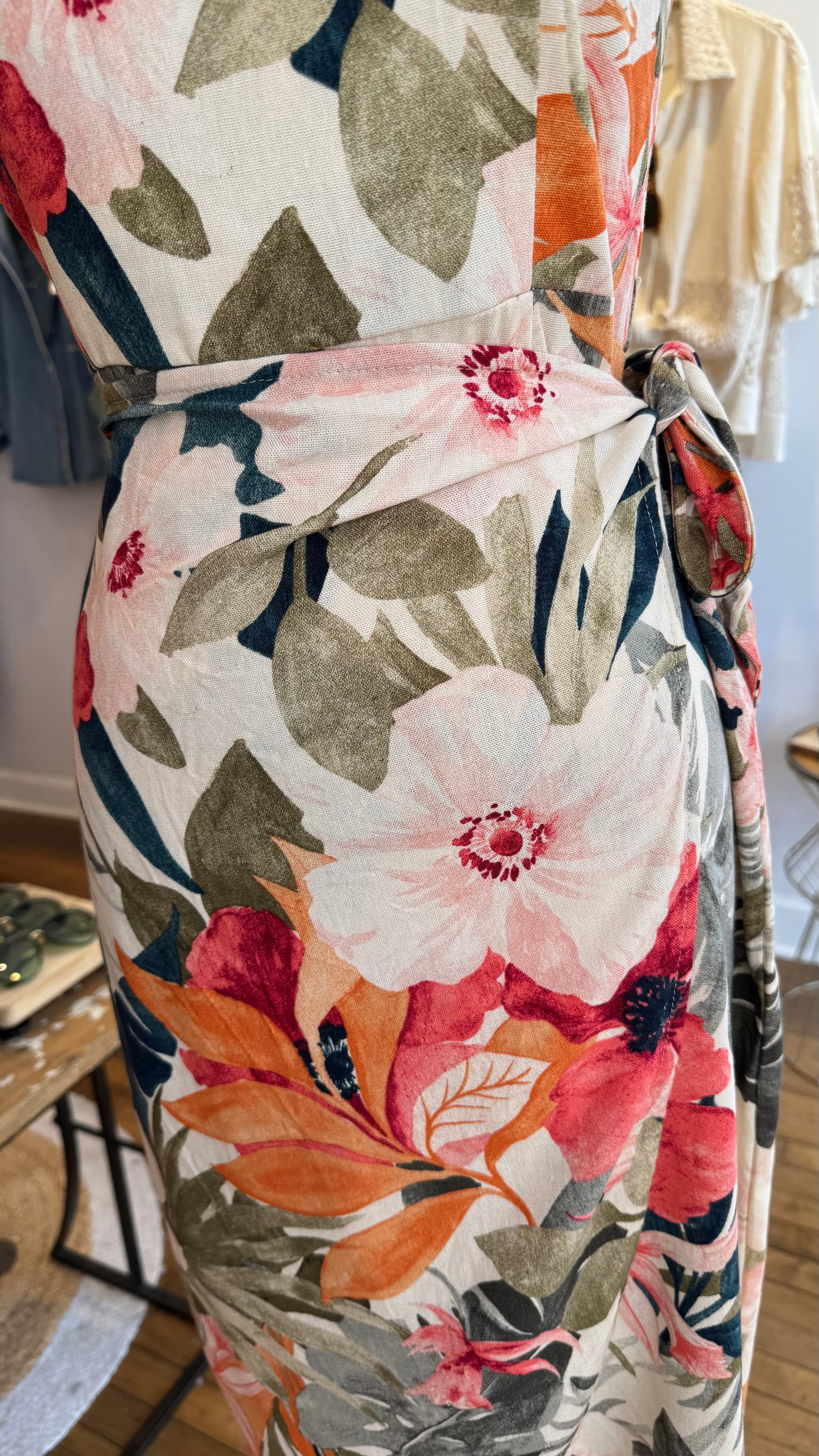 Tropical Bloom Wrap Midi Dress