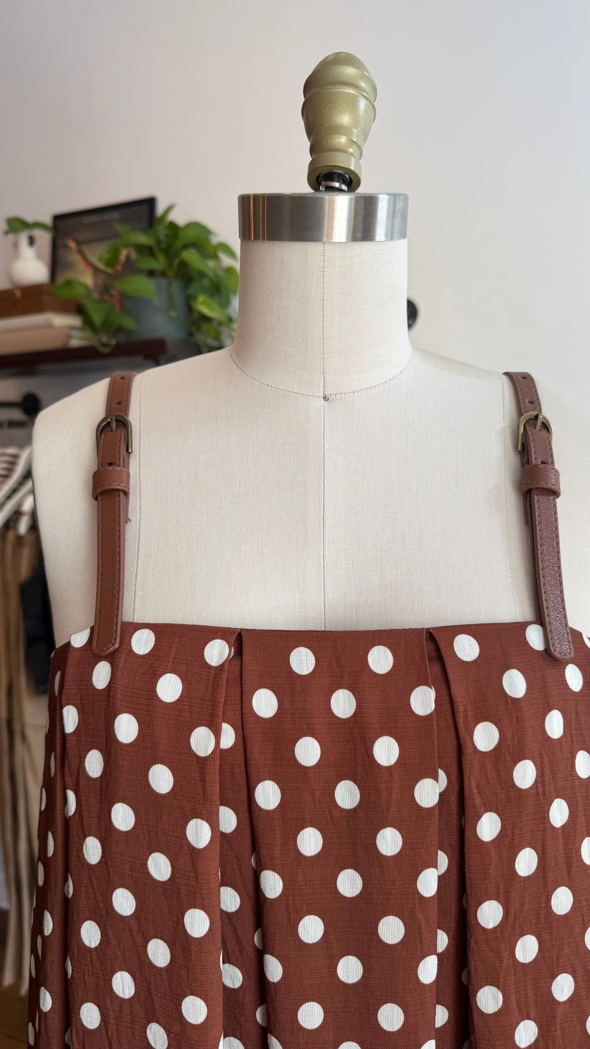Brown Polka Dot Faux Leather Strap Dress