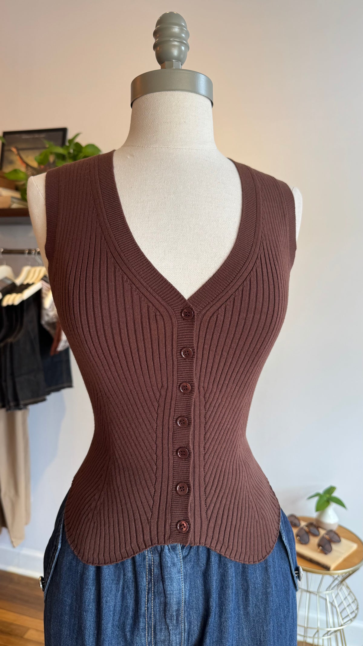 Chocolate Brown Ribbed Knit Button-Front Sweater Vest