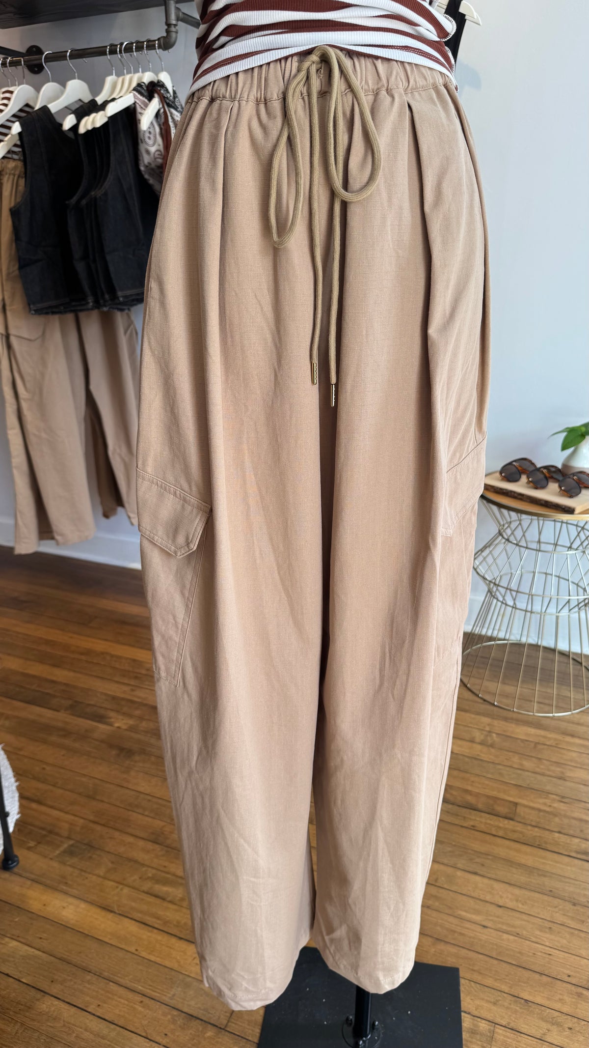 Drawstring Barrel-Leg Cargo Pants