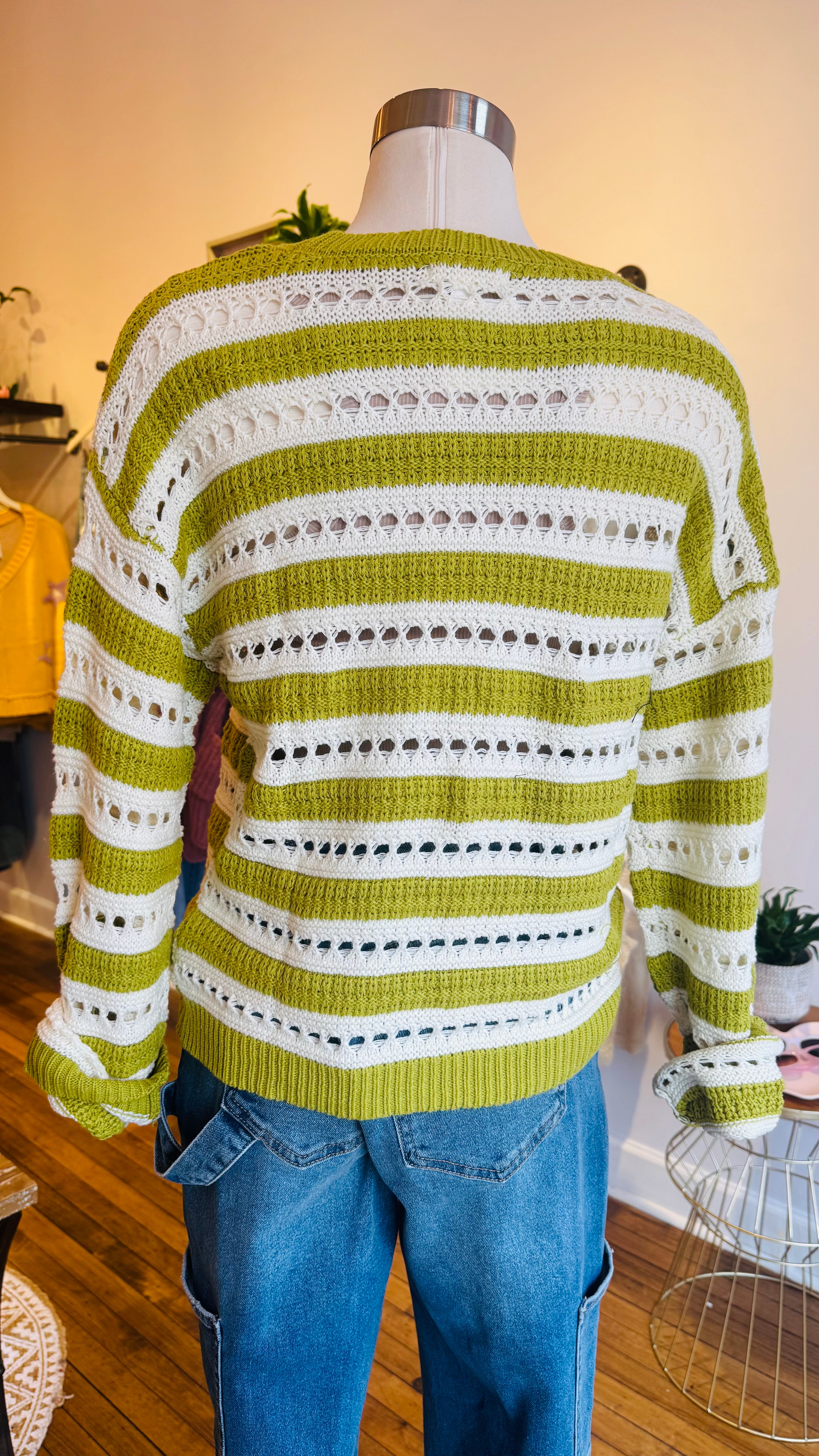 Striped Eyelet Knit Pullover Sweater