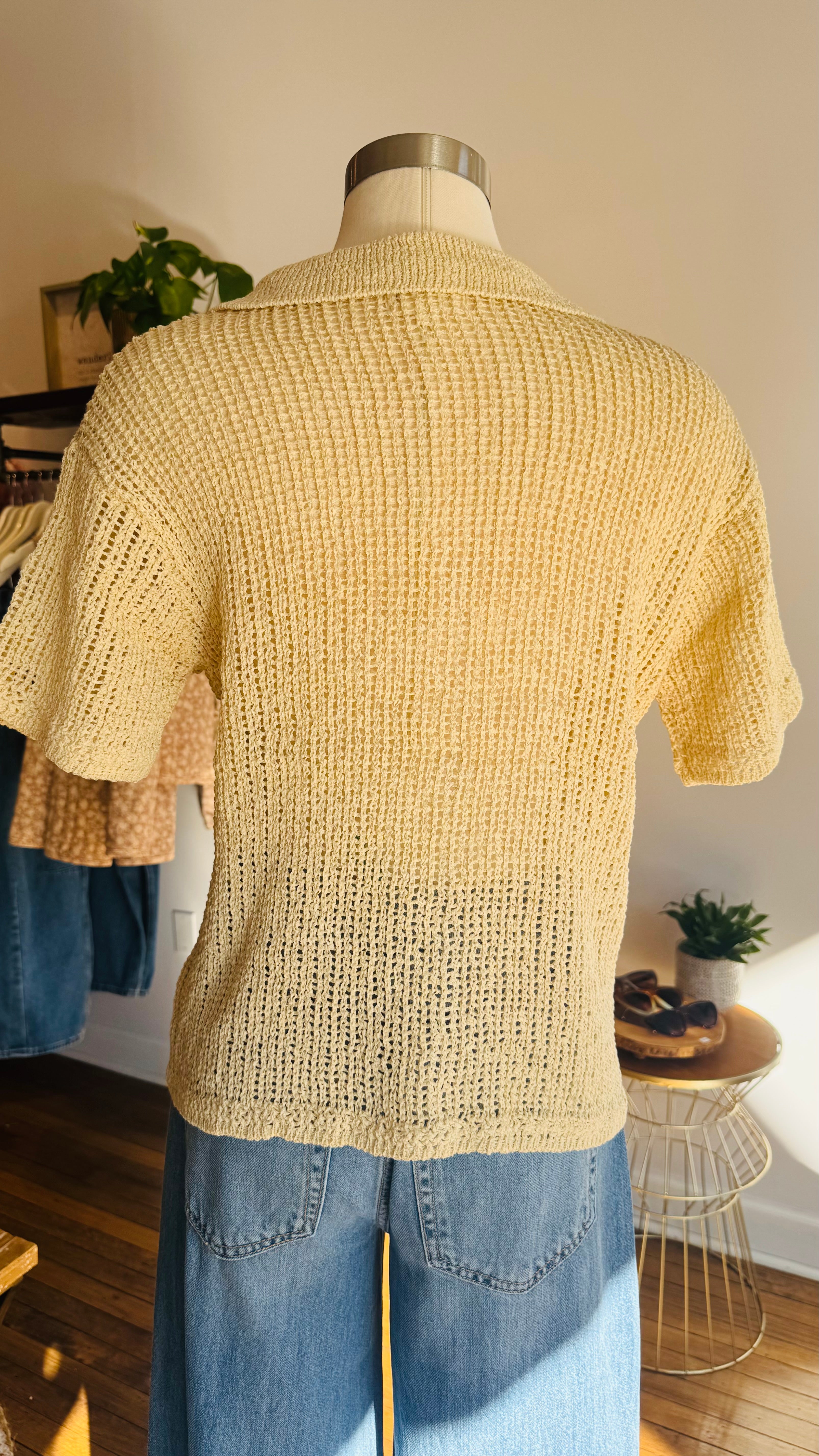 Ribbed Button-Down Short Sleeve Top