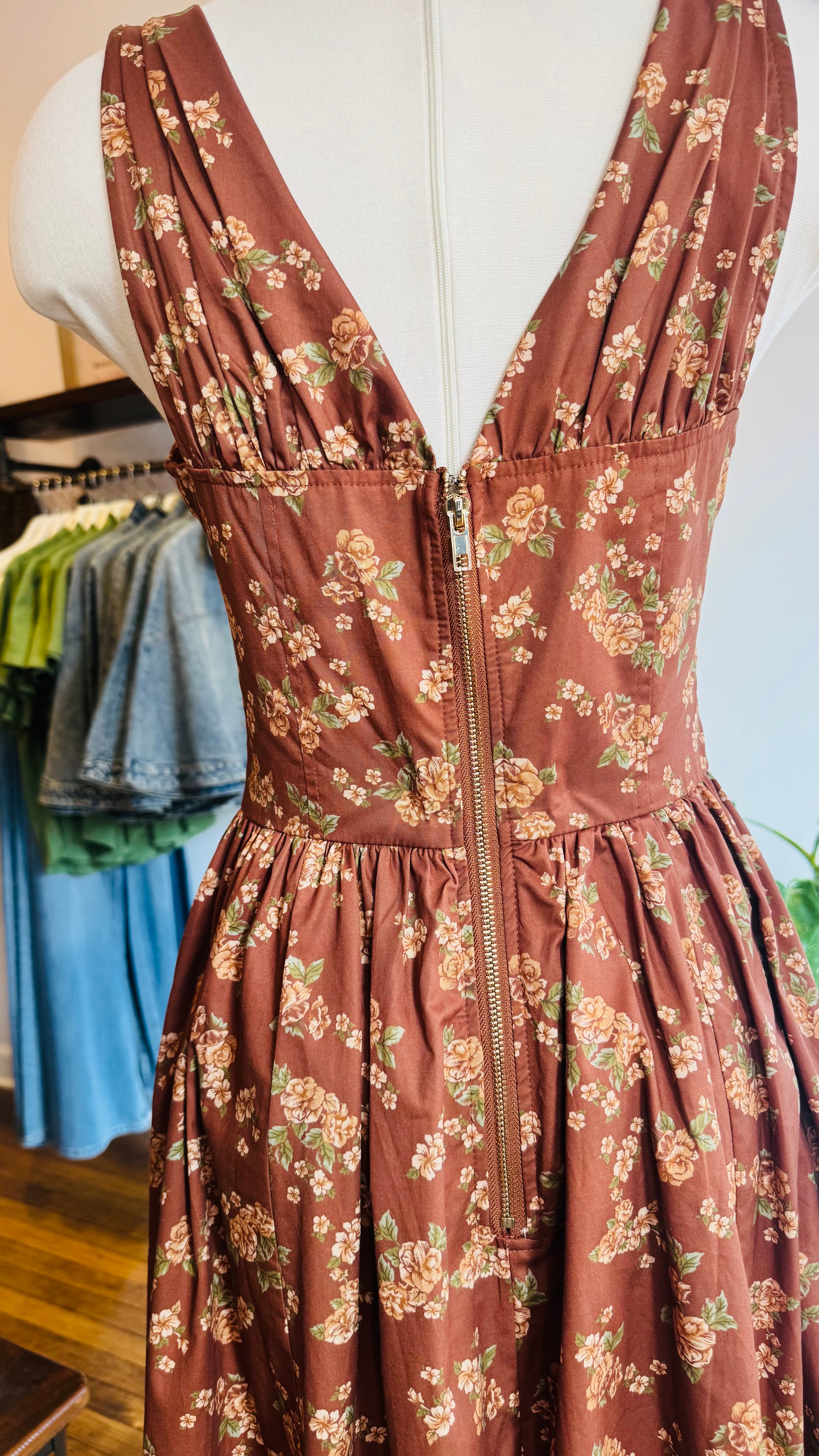 Rust Floral V-Neck Midi Dress